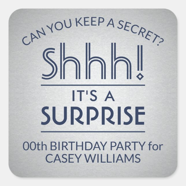 Surprise Birthday Party Elegant Navy Blue and Grey Square Sticker (Front)