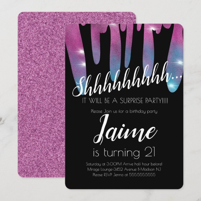 Surprise Birthday Party Faux Glitter Pink Dripping Invitation (Front/Back)