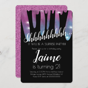 Surprise Birthday Party Faux Glitter Pink Dripping Invitation