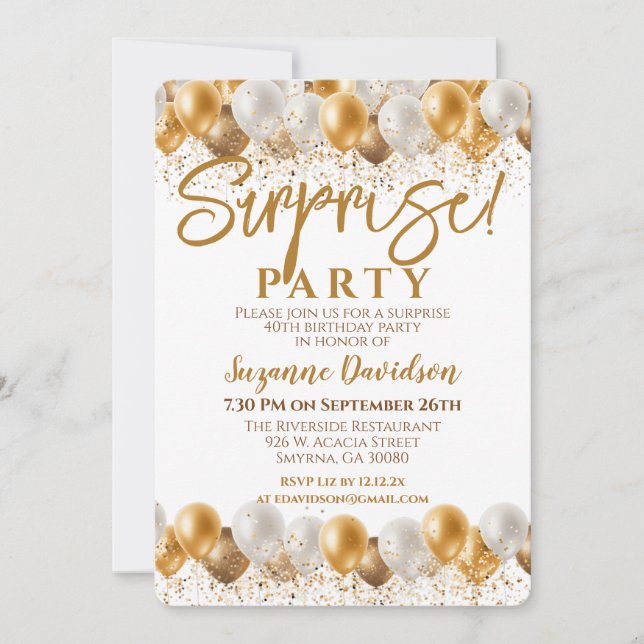 Surprise Birthday Party Gold Balloon Invitation (Front)