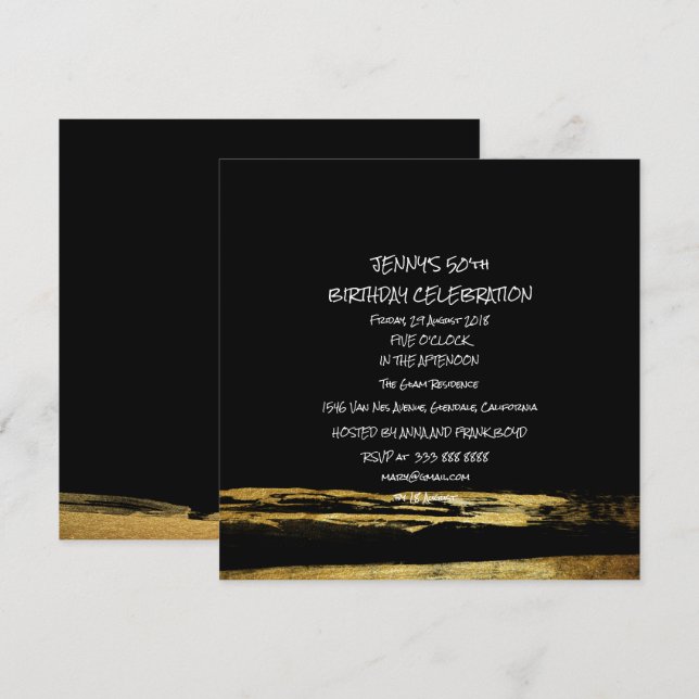 Surprise Birthday Party Golden Black Brushes Glam Invitation (Front/Back)