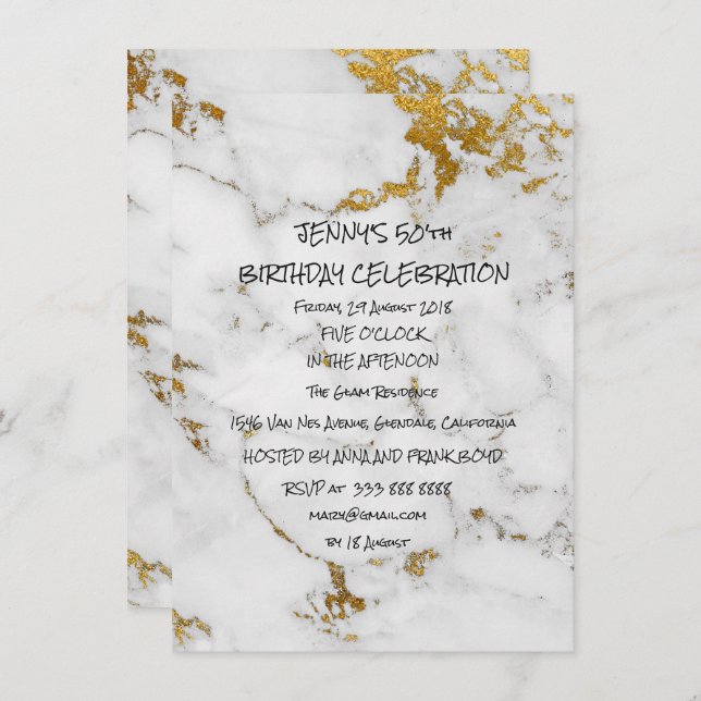 Surprise Birthday Party Golden Brushes Marble Glam Invitation (Front/Back)