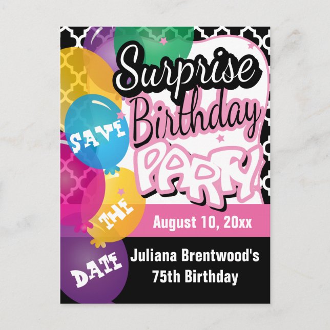 Surprise Birthday Party in Pink | Save the Date Announcement Postcard (Front)