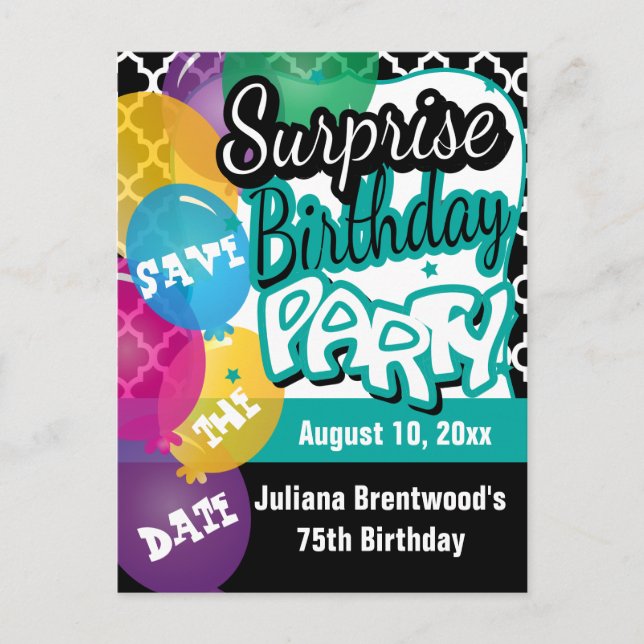Surprise Birthday Party in Teal | Save the Date Announcement Postcard (Front)