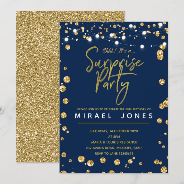 Surprise Birthday Party Invitation card Navy Gold (Front/Back)