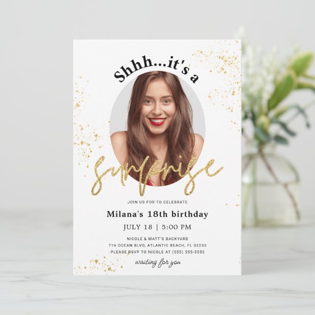 Surprise Birthday Party Invitation Card with Photo (Standing Front)