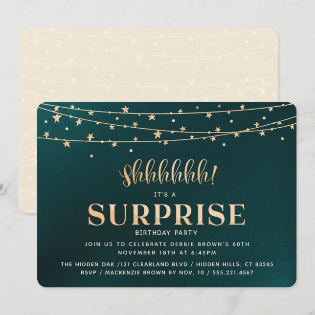 Surprise Birthday Party Invitation, gold Invitation (Front/Back)