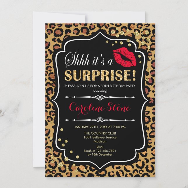 Surprise Birthday Party - Leopard Print Red Invitation (Front)