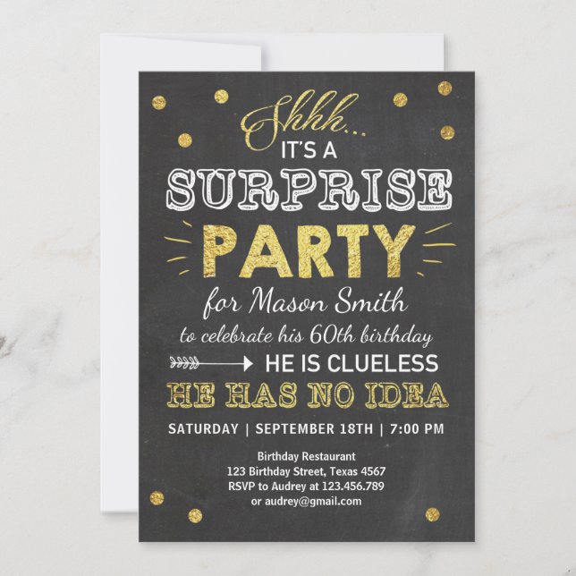 Surprise Birthday Party Man Adult Gold Chalk Invitation (Front)