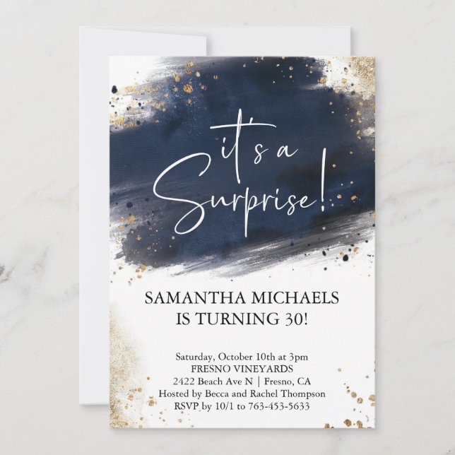 Surprise Birthday Party navy and gold Watercolor Invitation (Front)