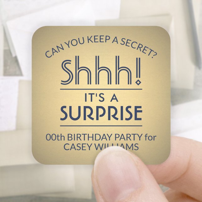 Surprise Birthday Party Navy Blue Faux Gold Foil Square Sticker (Creator Uploaded)