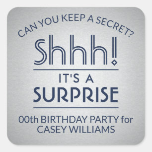 Surprise Birthday Party Navy Blue Faux Silver Foil Square Sticker