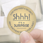 Surprise Birthday Party Navy Blue & Gold Faux Foil Classic Round Sticker<br><div class="desc">Add an elegant personalised touch to surprise birthday party invitations, decorations, and favours with custom navy blue and gold stickers / envelope seals. Design features a faux metallic foil background and stylish modern typography. All text on these labels is simple to customise for any year birthday or for another occasion,...</div>
