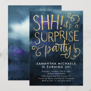 Surprise Birthday Party Navy Blue Gold Invitation