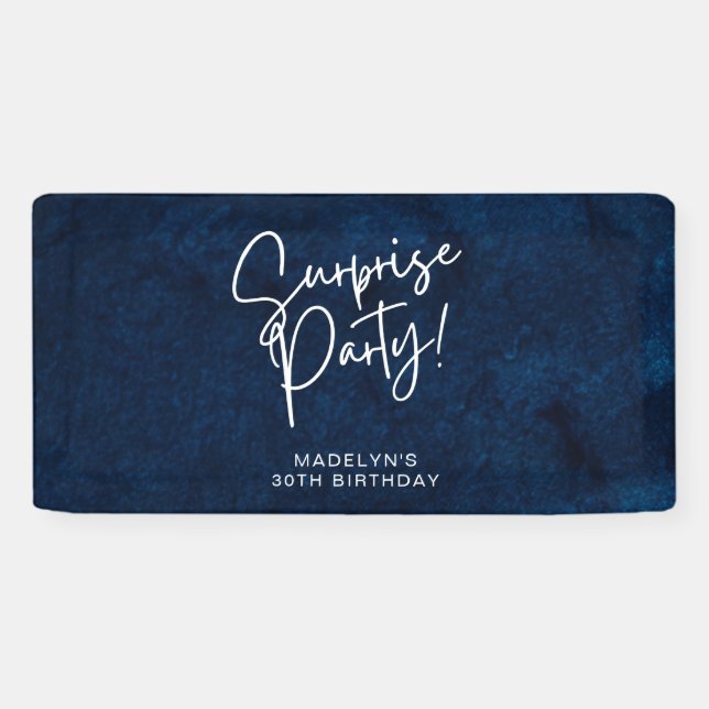 Surprise Birthday Party Navy Blue Watercolor  Banner (Horizontal)