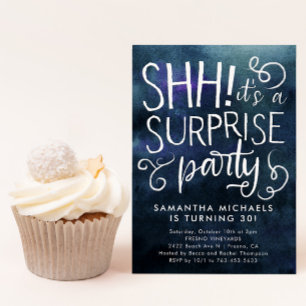 Surprise Birthday Party Navy Blue Watercolor Invitation