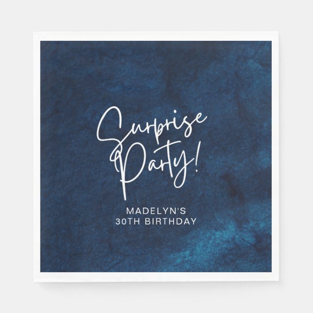 Surprise Birthday Party Navy Blue Watercolor  Napkin (Front)