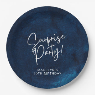 Surprise Birthday Party Navy Blue Watercolor Paper Plate