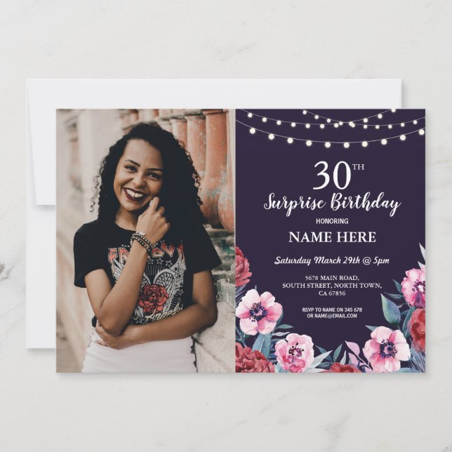 Surprise Birthday Party Navy Pink Floral Photo Invitation (Front)