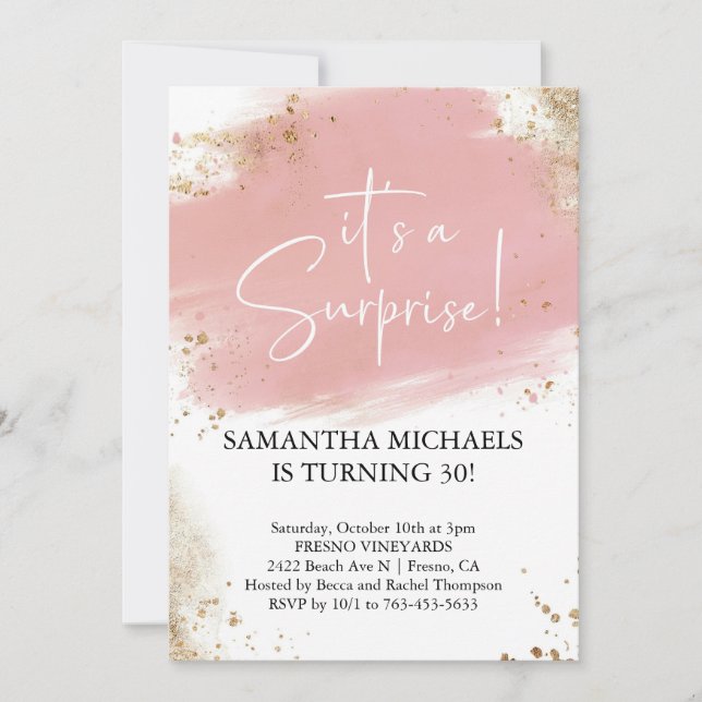 Surprise Birthday Party pink and gold Watercolor Invitation (Front)