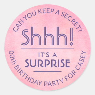 Surprise Birthday Party Pink & Purple Watercolor Classic Round Sticker