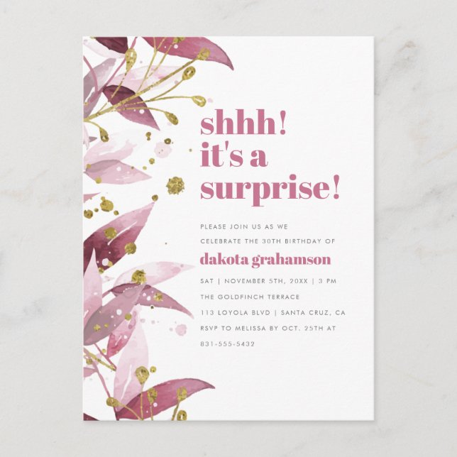 Surprise Birthday Party Purple Watercolor Leaves Invitation Postcard (Front)