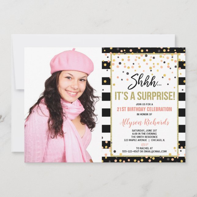 Surprise birthday party rose gold black photo invitation (Front)