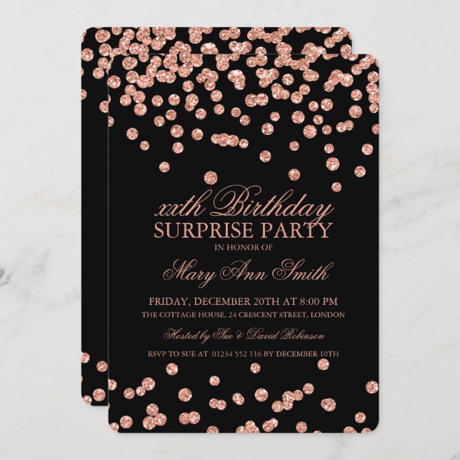 Surprise Birthday Party Rose Gold Glitter Confetti Invitation (Front/Back)