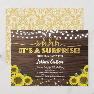 Surprise birthday party rustic wood gold sunflower invitation