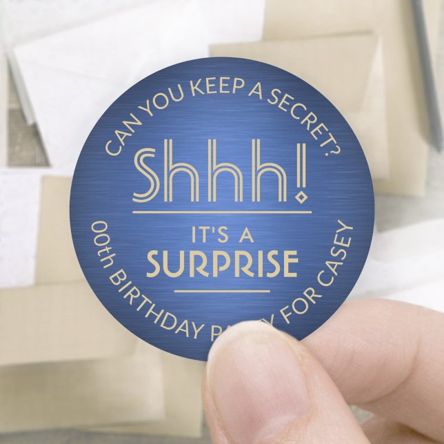 Surprise Birthday Party Shhh! Brushed Blue & Gold Classic Round Sticker (Creator Uploaded)