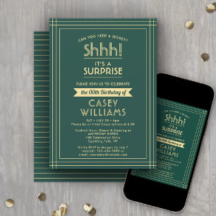 Surprise Birthday Party Shhh! Elegant Green & Gold Invitation
