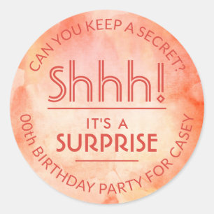 Surprise Birthday Party Shhh! Orange Watercolor Classic Round Sticker