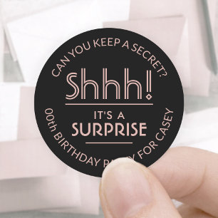 Surprise Birthday Party Shhh! Stylish Pink & Black Classic Round Sticker