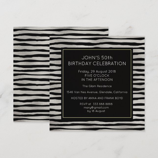 Surprise Birthday Party Silver Black Stripes Invitation (Front/Back)