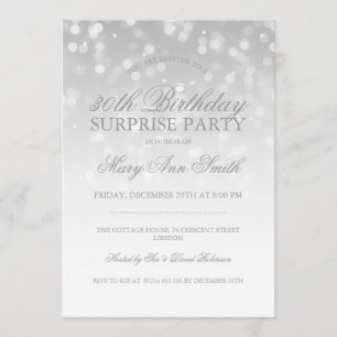 Surprise Birthday Party Silver Bokeh Sparkle Light Invitation