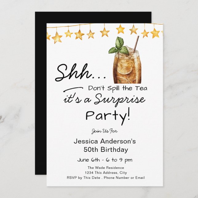 Surprise Birthday Party Spill the Tea Invitation (Front/Back)