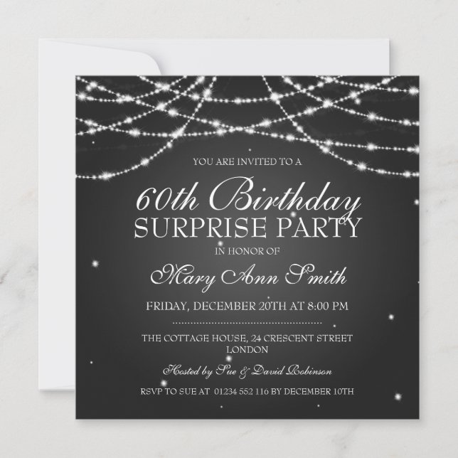 Surprise Birthday Party String of Stars Black Invitation (Front)