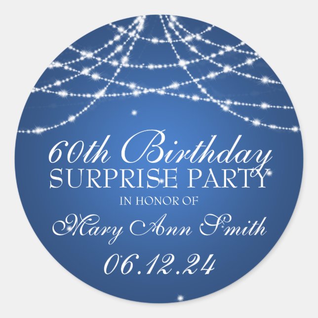 Surprise Birthday Party String of Stars Blue Classic Round Sticker (Front)