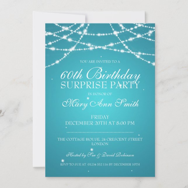Surprise Birthday Party String of Stars Turquoise Invitation (Front)