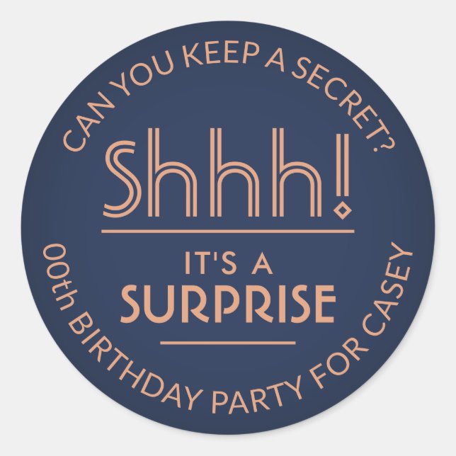 Surprise Birthday Party Stylish Copper & Navy Blue Classic Round Sticker (Front)