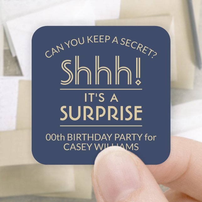 Surprise Birthday Party Stylish Navy Blue and Gold Square Sticker (Creator Uploaded)