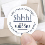 Surprise Birthday Party Stylish White & Navy Blue Classic Round Sticker<br><div class="desc">Add an elegant personalised touch to surprise birthday party invitations, decorations, and favours with stylish custom navy blue and white stickers / envelope seals. All text on these labels is simple to customise for any year birthday or for another occasion, such as a wedding anniversary, retirement, or going away party....</div>