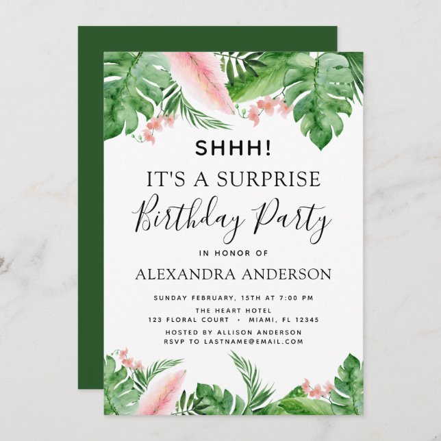 Surprise Birthday Party Tropical Palm Floral Invitation (Front/Back)