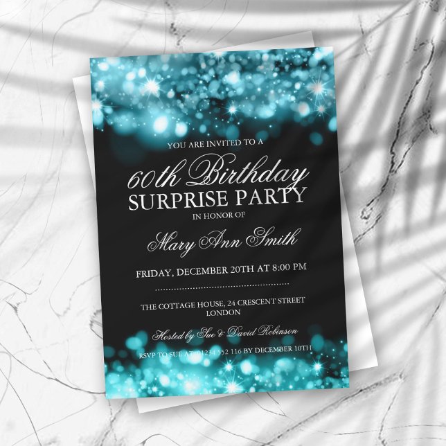 Surprise Birthday Party Turquoise Sparkling Lights Invitation (Creator Uploaded)