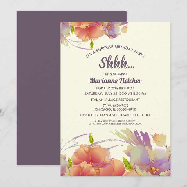 Surprise Birthday Party. Watercolor Floral Invites (Front/Back)