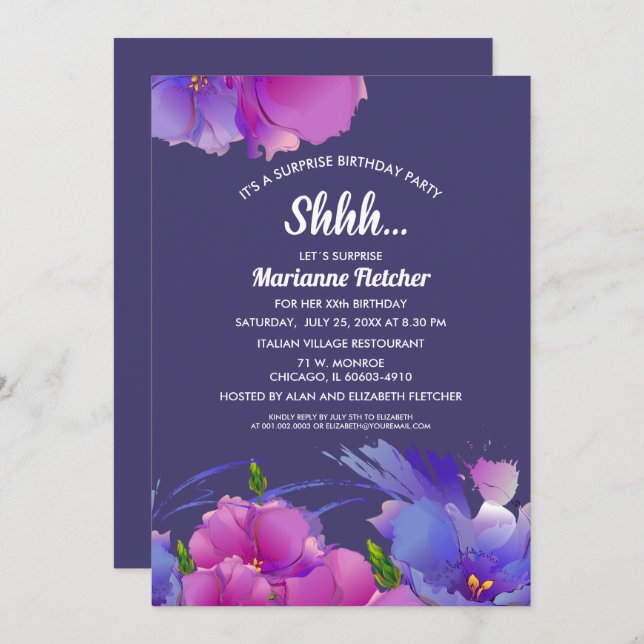Surprise Birthday Party. Watercolor Floral Invites (Front/Back)