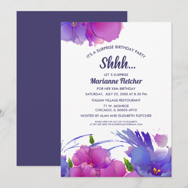 Surprise Birthday Party. Watercolor Floral Invites (Front/Back)