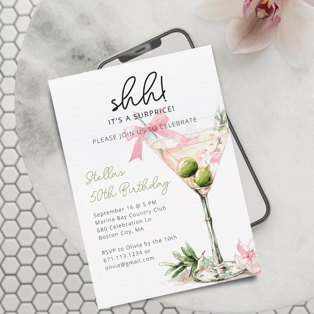 Surprise Birthday Party Watercolor Martini Glass Invitation (Surprise Birthday Party Watercolor Martini Glass Invitation)