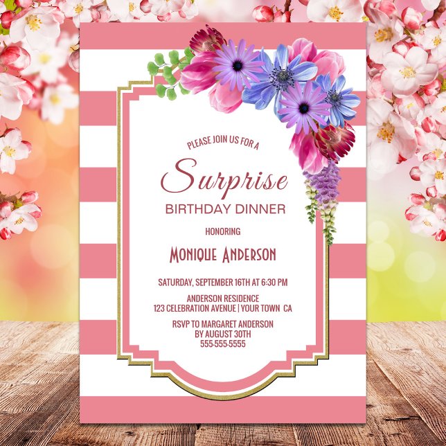Surprise Birthday Pink Striped Purple Floral Party Invitation (Creator Uploaded)