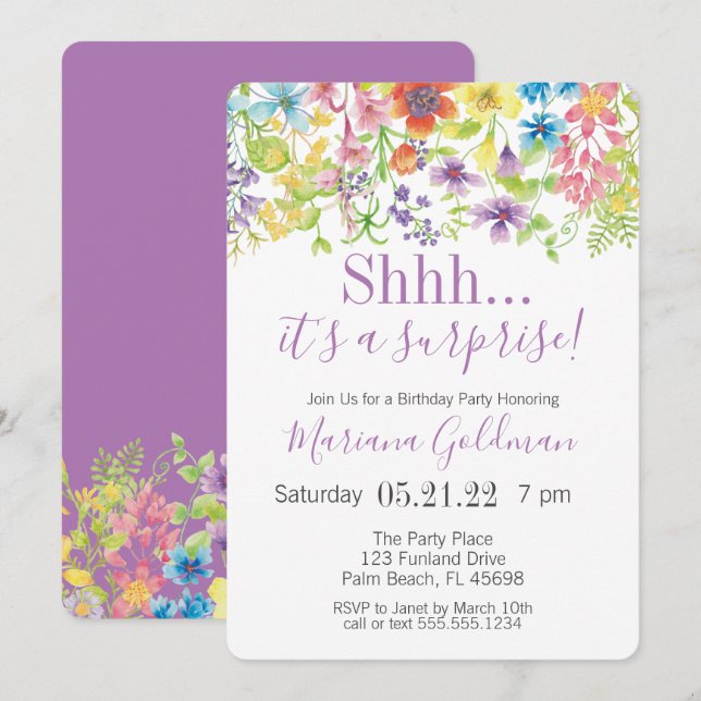 Surprise Birthday Purple Wildflowers Party Invitation (Front/Back)